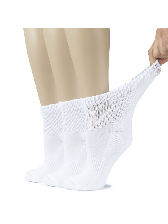Women's Cotton Diabetic Ankle Socks, Seamless Toe, Non-Binding, Semi-Cushion, 3 Pairs, White, Size 6-9