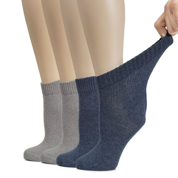 HUGH UGOLI Women's Cotton Diabetic Ankle Socks, Wide, Thin, Loose Fit and Stretchy, Seamless Toe & Non Binding Top, 4 Pairs, I.Blue / L.Gray, Shoe Size: 10-12
