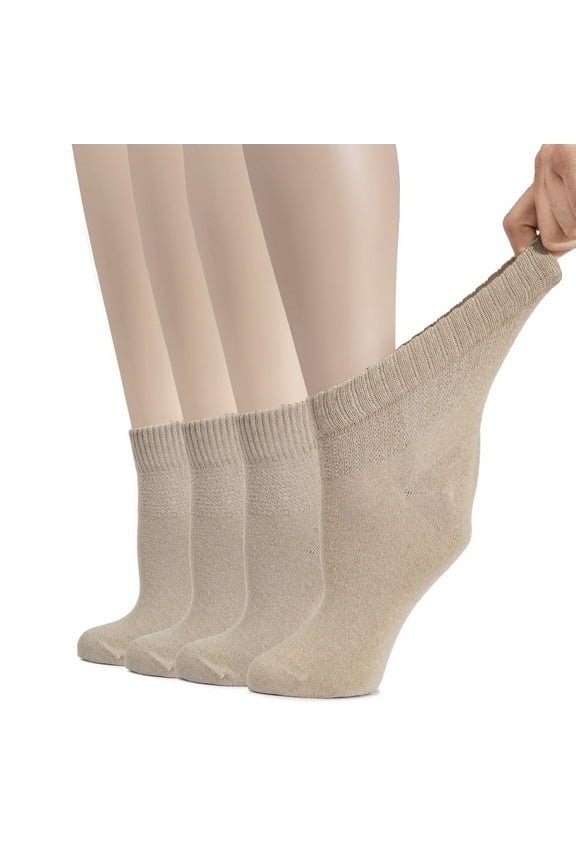 Women's Cotton Diabetic Ankle Socks, Wide, Thin, Loose Fit and Stretchy, Seamless Toe & Non Binding Top, 4 Pairs, L. Beige, Shoe Size: 10-12