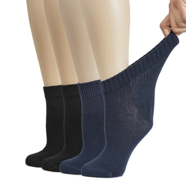 HUGH UGOLI Women's Cotton Diabetic Ankle Socks, Wide, Thin, Loose Fit and Stretchy, Seamless Toe & Non Binding Top, 4 Pairs, N.Blue / Black, Shoe Size: 6-9