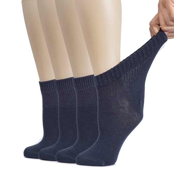 HUGH UGOLI Women's Cotton Diabetic Ankle Socks, Wide, Thin, Loose Fit and Stretchy, Seamless Toe & Non Binding Top, 4 Pairs, N. Blue, Shoe Size: 10-12
