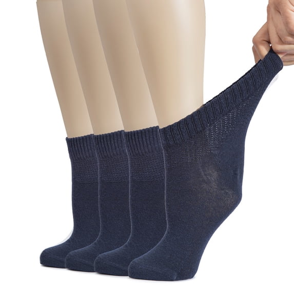 Hugh Ugoli Women's Cotton Diabetic Ankle Socks, Wide, Thin, Loose Fit and Stretchy, Seamless Toe & Non Binding Top, 4 Pairs, N. Blue, Shoe Size: 10-12