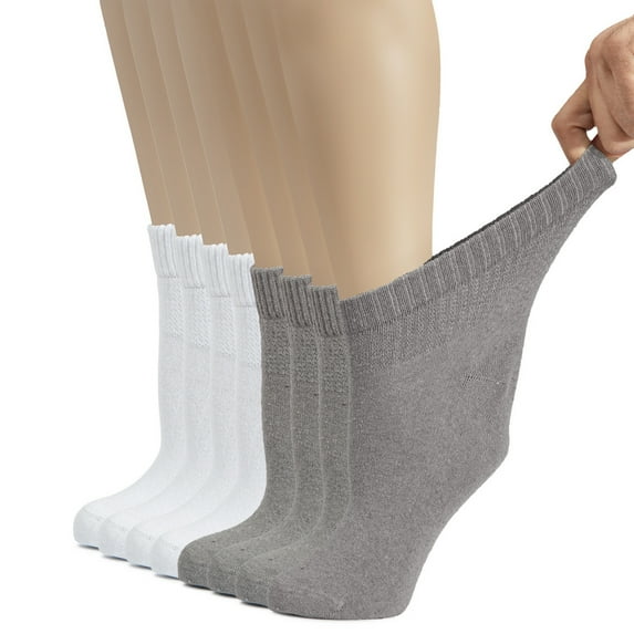 HUGH UGOLI Women's Cotton Diabetic Ankle Socks, Wide, Thin, Loose Fit and Stretchy, Seamless Toe & Non Binding Top, 8 Pairs, L.Gray / White, Shoe Size: 6-9