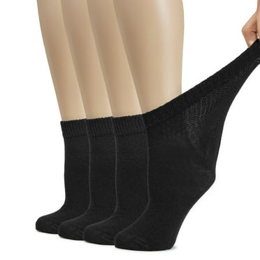 Hugh Ugoli Women's Neuropathy Cotton Socks - Wide, Thin, Loose, Stretchy, Seamless Toe, Non Binding Top, 4 Pairs, Black