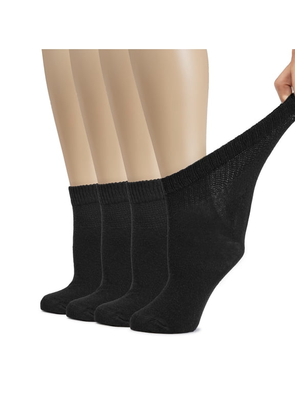 Women's Cotton Socks 4 Pairs - Breathable, Seamless Toe, Non-Binding, Stretchy, All-Season, Black