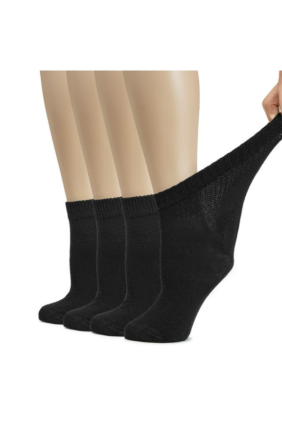 Women's Neuropathy Cotton Socks - Wide, Thin, Loose, Stretchy, Seamless Toe, Non Binding Top, 4 Pairs, Black