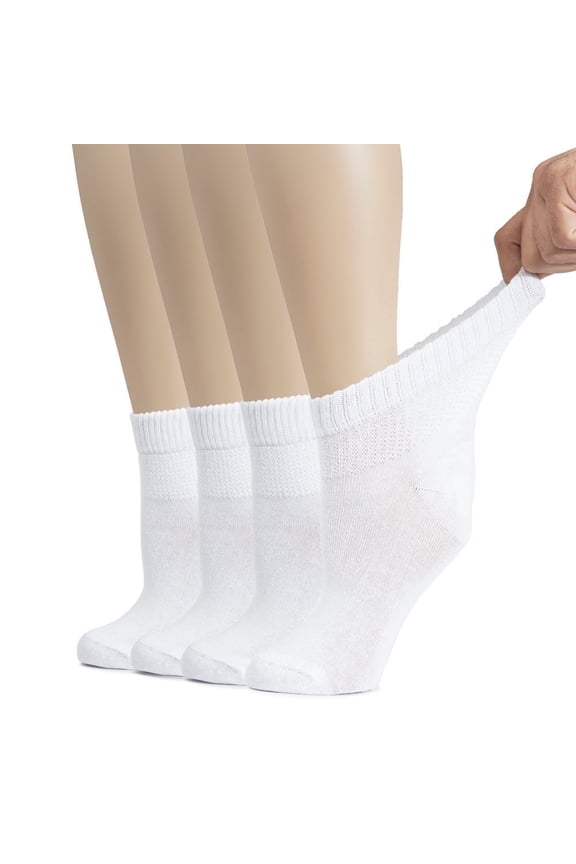 Women's Breathable Cotton Diabetic Ankle Socks, Seamless Toe, Non-Binding Top, 4 Pairs, White, Shoe Size 10-12