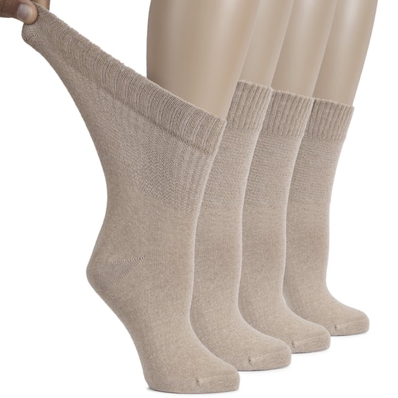 Hugh Ugoli Women's Cotton Diabetic Crew Socks, Wide, Thin, Loose Fit and Stretchy, Seamless Toe & Non-Binding Top, 4 Pairs, Light Beige, Shoe Size: 9-12
