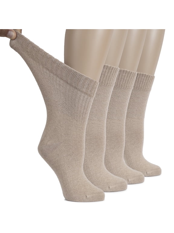 Women's Cotton Diabetic Crew Socks, Wide, Thin, Loose Fit and Stretchy, Seamless Toe & Non-Binding Top, 4 Pairs, Light Beige, Shoe Size: 9-12