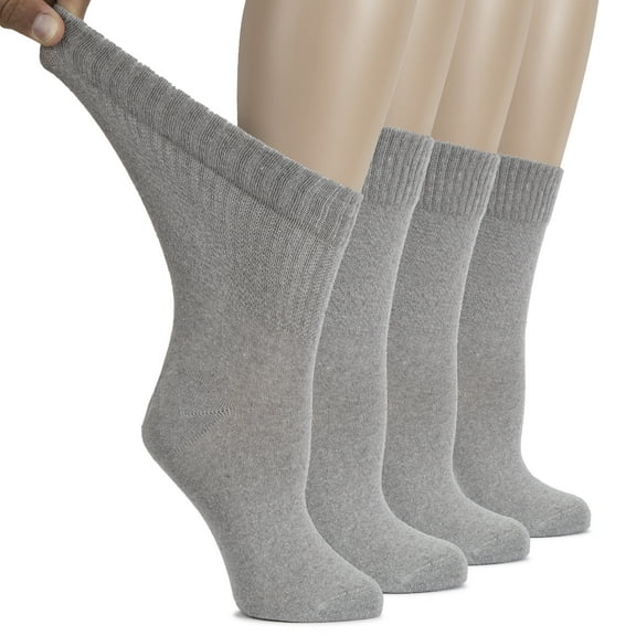 HUGH UGOLI Women's Cotton Diabetic Crew Socks, Wide, Thin, Loose Fit and Stretchy, Seamless Toe & Non-Binding Top, 4 Pairs, Light Grey, Shoe Size: 6-9