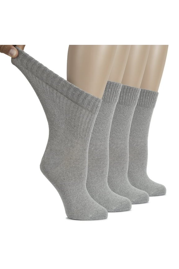 Women's Cotton Diabetic Crew Socks, Wide, Thin, Loose Fit and Stretchy, Seamless Toe & Non-Binding Top, 4 Pairs, Light Grey, Shoe Size: 9-12