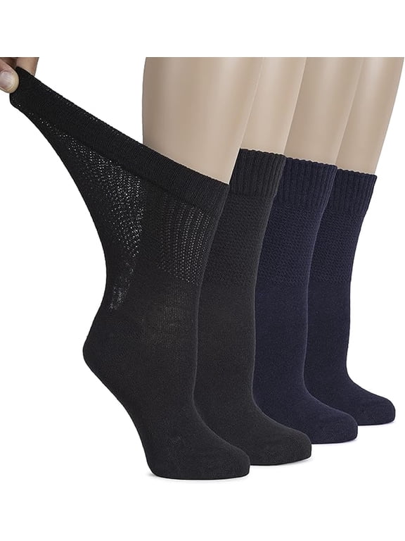 Women's Cotton Diabetic Crew Socks, Wide, Thin, Loose Fit and Stretchy, Seamless Toe & Non-Binding Top, 4 Pairs, NavyBlue/Black, Shoe Size: 6-9