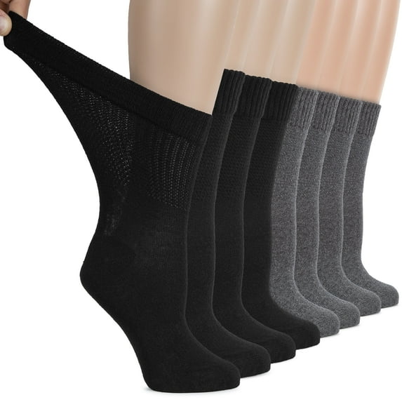 HUGH UGOLI Women's Cotton Diabetic Crew Socks, Wide, Thin, Loose Fit and Stretchy, Seamless Toe & Non-Binding Top, 8 Pairs, Black / MelangeGrey, Shoe Size: 9-12