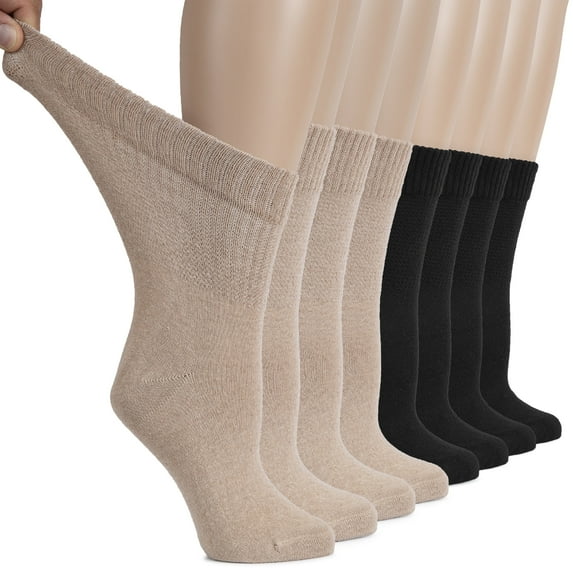 HUGH UGOLI Women's Cotton Diabetic Crew Socks, Wide, Thin, Loose Fit and Stretchy, Seamless Toe & Non-Binding Top, 8 Pairs, LightBeige / Black, Shoe Size: 6-9