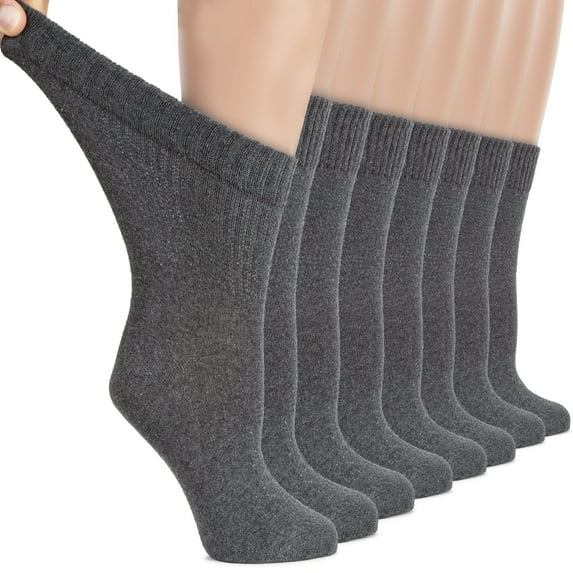 HUGH UGOLI Women's Cotton Diabetic Crew Socks, Wide, Thin, Loose Fit and Stretchy, Seamless Toe & Non-Binding Top, 8 Pairs, Melange Grey, Shoe Size: 6-9