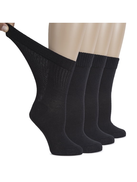 Women's Cotton Diabetic Crew Socks, Wide, Thin, Loose Fit and Stretchy, Seamless Toe & Non-Binding Top, 4 Pairs, Black, Shoe Size: 9-12