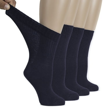 HUGH UGOLI Women's Cotton Diabetic Crew Socks, Wide, Thin, Loose Fit and Stretchy, Seamless Toe & Non-Binding Top, 4 Pairs, Navy Blue, Shoe Size: 6-9