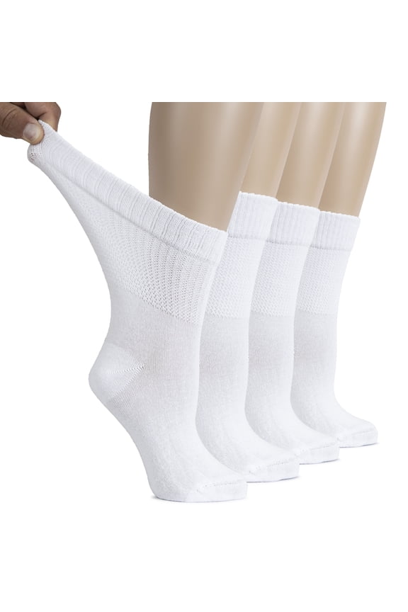 Women's Cotton Diabetic Crew Socks, Wide, Thin, Loose Fit and Stretchy, Seamless Toe & Non-Binding Top, 4 Pairs, White, Shoe Size: 6-9
