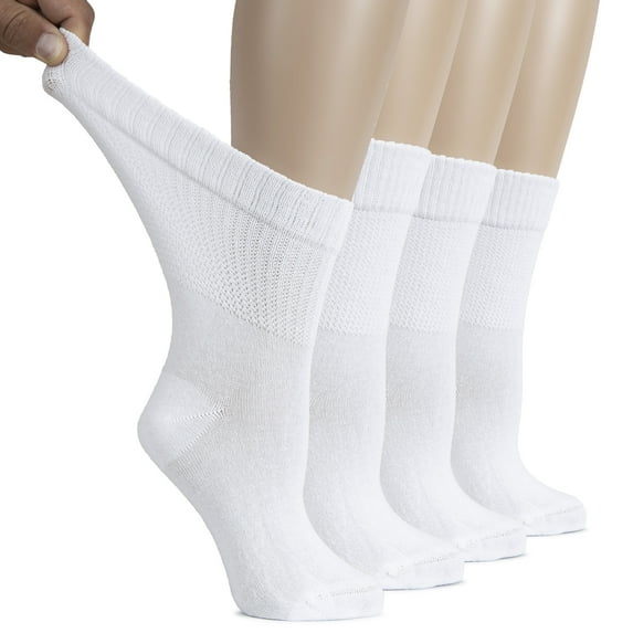 HUGH UGOLI Women's Cotton Diabetic Crew Socks, Wide, Thin, Loose Fit and Stretchy, Seamless Toe & Non-Binding Top, 4 Pairs, White, Shoe Size: 6-9