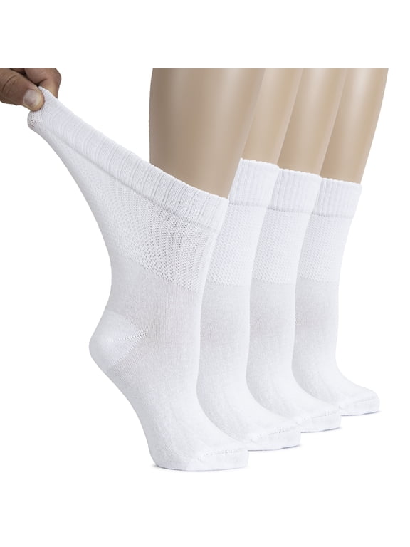 Women's Cotton Diabetic Crew Socks, Wide, Thin, Loose Fit and Stretchy, Seamless Toe & Non-Binding Top, 4 Pairs, White, Shoe Size: 6-9