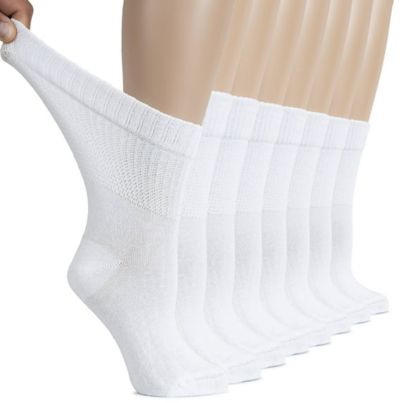 HUGH UGOLI Women's Cotton Diabetic Crew Socks, Wide, Thin, Loose Fit and Stretchy, Seamless Toe & Non-Binding Top, 8 Pairs, White, Shoe Size: 9-12