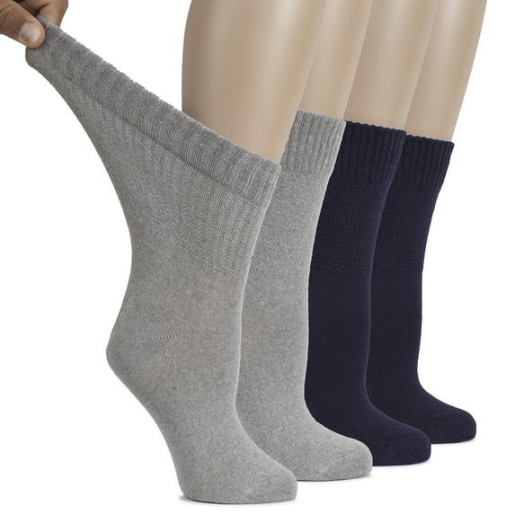 HUGH UGOLI Women's Cotton Diabetic Crew Socks, Wide, Thin, Loose and Stretchy, Seamless Toe & Non-Binding Top, 4 Pairs, LightGrey / NavyBlue, Shoe Size: 9-12