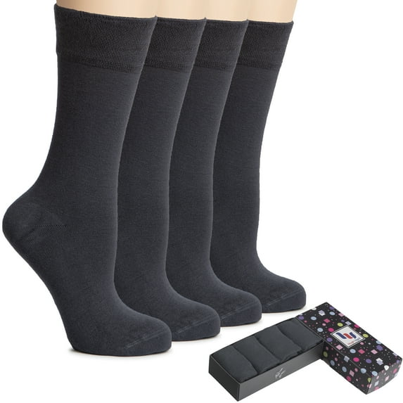 HUGH UGOLI Women's Cotton Dress Socks for Business and Trouser, Thin Crew Socks, Seamless Toe, 4 Pairs with Luxury Gift Box, Charcoal Grey, Shoe Size: 5-8