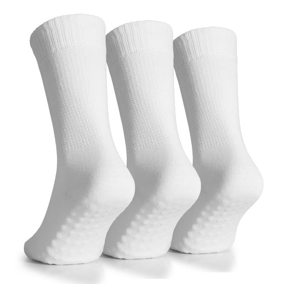 HUGH UGOLI Women's Soft Bamboo Non Slip Grip Crew Socks | Wide, Loose Fit & Diabetic Hospital Socks with Seamless Toe, 3 Pair, White, Shoe Size: 10-12
