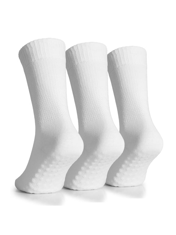 Women's Soft Bamboo Non Slip Grip Crew Socks | Wide, Loose Fit & Diabetic Hospital Socks with Seamless Toe, 3 Pair, White, Shoe Size: 10-12