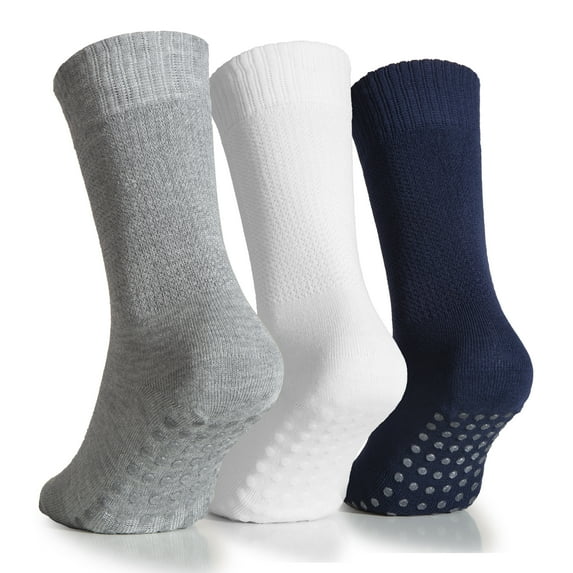 HUGH UGOLI Women's Soft Bamboo Non Slip Grip Crew Socks | Wide, Loose Fit & Diabetic Hospital Socks, 3 Pair, White / Navy Blue / Light Grey, Shoe Size: 10-12