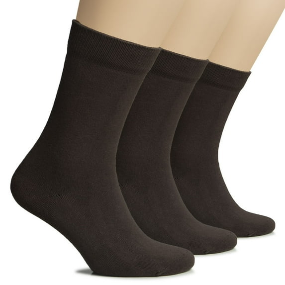 HUGH UGOLI Women's Thick Cotton Winter Crew Socks | Warm Comfort Boot Socks, Breathable & Comfortable, Non Binding Top, 3 Pairs, Dark Brown, Shoe Size: 10-12