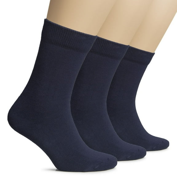HUGH UGOLI Women's Thick Cotton Winter Crew Socks | Warm Comfort Boot Socks, Breathable & Comfortable, Non Binding Top, 3 Pairs, Navy Blue, Shoe Size: 10-12