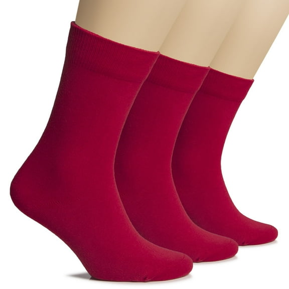 HUGH UGOLI Women's Thick Cotton Winter Crew Socks | Warm Comfort Boot Socks, Breathable & Comfortable, Non Binding Top, 3 Pairs, Red, Shoe Size: 6-9