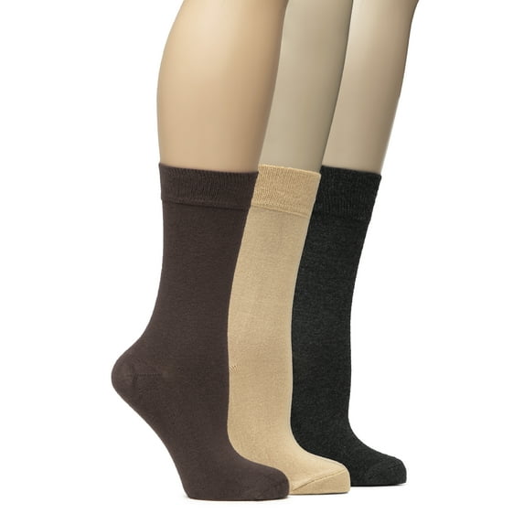Hugh Ugoli Women's Lightweight Soft Thin Bamboo Crew Dress Socks Business Casual, 3 Pairs, DBrown/Md Beige/Charcoal, Shoe Size: 6-9