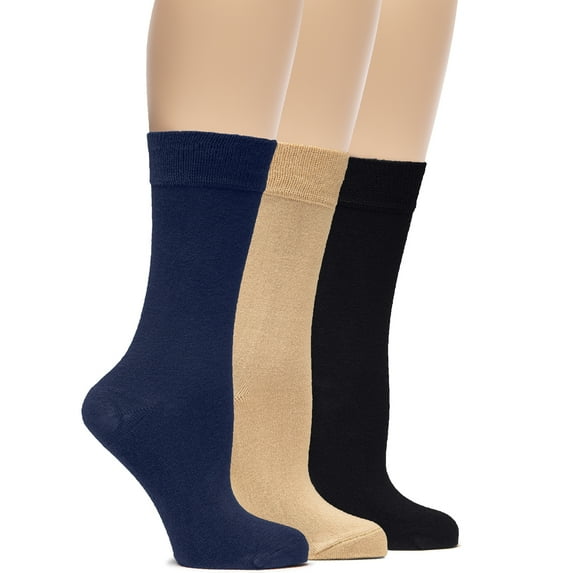 Hugh Ugoli Women's Lightweight Soft Thin Bamboo Crew Dress Socks Business Casual, 3 Pairs, Md Beige/Black/N Blue, Shoe Size: 9-12