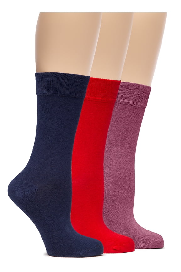 Women's Lightweight Soft Thin Bamboo Crew Dress Socks Business Casual, 3 Pairs, RoseWood/Navy Blue/Red, Shoe Size: 6-9