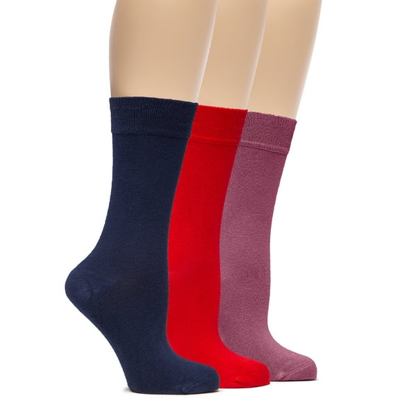 Hugh Ugoli Women's Lightweight Soft Thin Bamboo Crew Dress Socks Business Casual, 3 Pairs, RoseWood/Navy Blue/Red, Shoe Size: 9-12