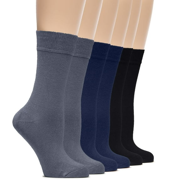 Hugh Ugoli Womens Rayon derived from Bamboo Dress Socks, Crew Soft Thin Calf Socks for Business, Trouser & Casual, Grey/Navy Blue/Black, 6 Pairs, Shoe Size: 6-9