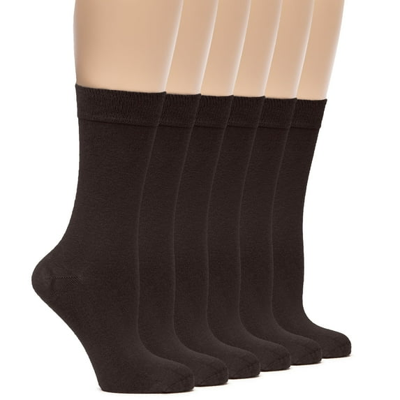HUGH UGOLI Womens Soft Bamboo Dress Socks, Thin Crew Socks for Business, Trouser & Casual, Non-Binding & Breathable, 6 Pairs, Dark Brown, Shoe Size: 6-9