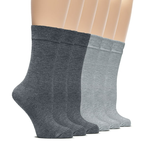 HUGH UGOLI Womens Soft Bamboo Dress Socks, Thin Crew Socks for Business, Trouser & Casual, Non-Binding & Breathable, 6 Pairs, L.Grey/M.Grey, Shoe Size: 9-12