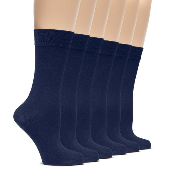 HUGH UGOLI Womens Soft Bamboo Dress Socks, Thin Crew Socks for Business, Trouser & Casual, Non-Binding & Breathable, 6 Pairs, Navy Blue, Shoe Size: 9-12