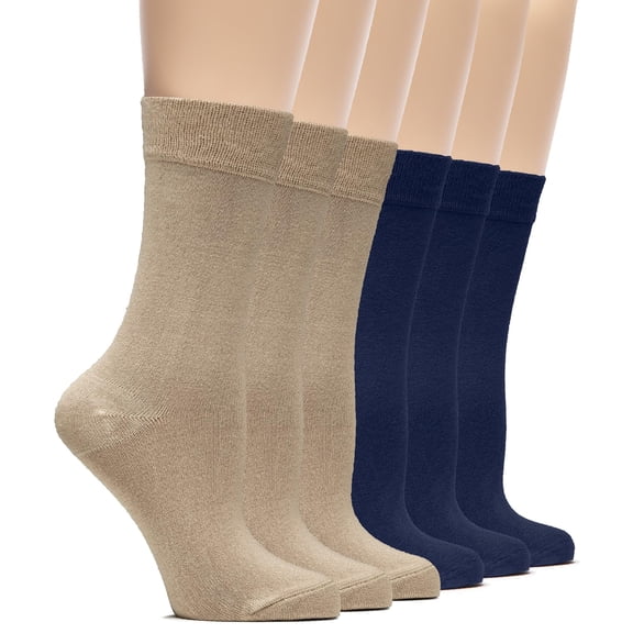 Hugh Ugoli Womens Rayon Dress Socks, Crew Soft Thin Calf Socks for Business, Trouser & Casual, Dark Beige/Navy Blue, 6 Pairs, Shoe Size: 6-9