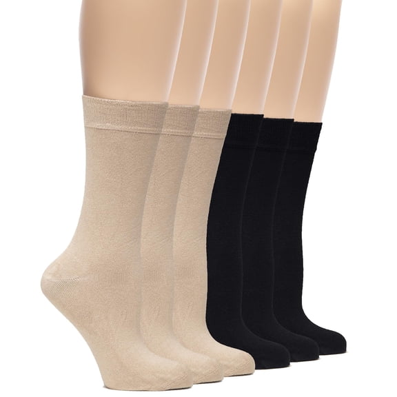 Hugh Ugoli Womens Rayon Dress Socks, Crew Soft Thin Calf Socks for Business, Trouser & Casual, Beige/Black, 6 Pairs, Shoe Size: 6-9