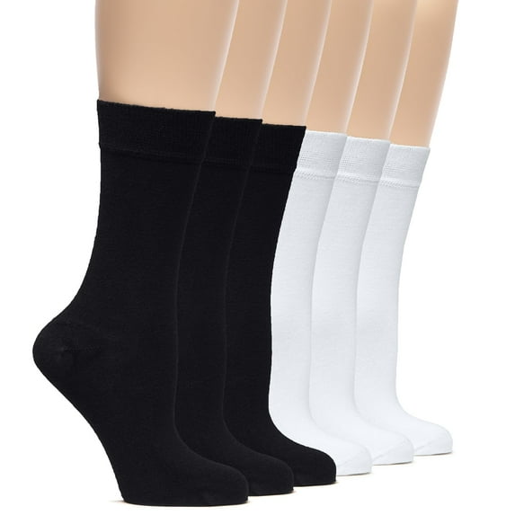 Hugh Ugoli Womens Rayon Dress Socks, Crew Soft Thin Calf Socks for Business, Autumn & Fall, Trouser & Casual, Black/White, 6 Pairs, Shoe Size: 6-9