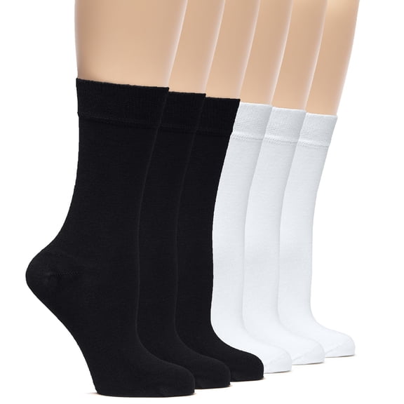Hugh Ugoli Womens Rayon Dress Socks, Crew Soft Thin Calf Socks for Business, Autumn & Fall, Trouser & Casual, Black/White, 6 Pairs, Shoe Size: 6-9