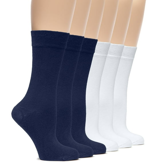 Hugh Ugoli Womens Rayon Dress Socks, Crew Soft Thin Calf Socks for Business, Autumn & Fall, Trouser & Casual, Navy Blue/White, 6 Pairs, Shoe Size: 6-9