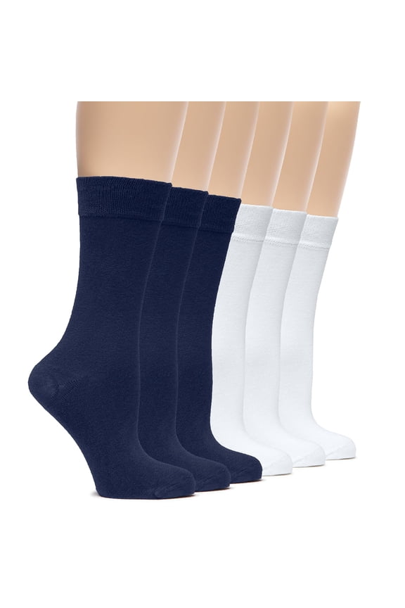 Womens Rayon Dress Socks, Crew Soft Thin Calf Socks for Business, Autumn & Fall, Trouser & Casual, Navy Blue/White, 6 Pairs, Shoe Size: 6-9