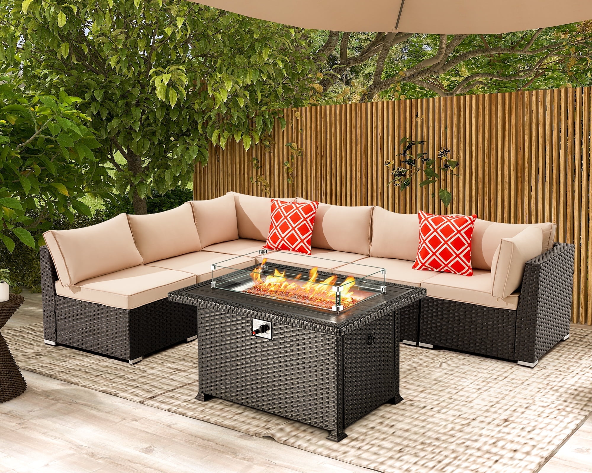 HUGIEE 7 Pieces Patio Furniture Wicker Sofa Outdoor Sectional Sets with 44-Inch 50,000 BTU Gas Fire Pit Table Auto-Ignition Propane Fire Pit Table, Khaki