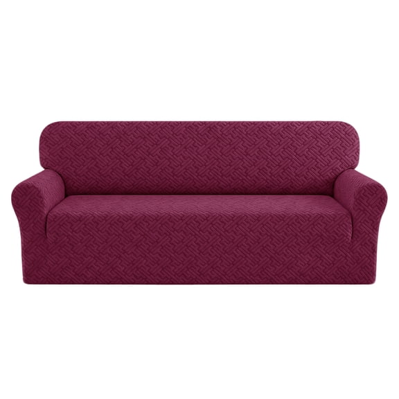 HUGNEO 1 Piece Stretch Sofa Cover, Jacquard Slipcover with Elastic Bottom, Washable & Pet Friendly Furniture Protector for Loveseat, Wine Red