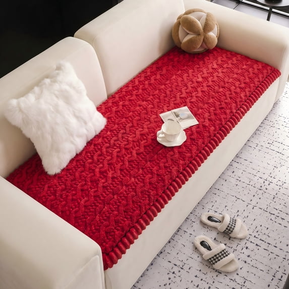 HUGNEO 28"x71" Plush Textured Sofa Seat Cushion, Non Slip Backing Couch Slipcover, Machine Washable Furniture Protector, Red